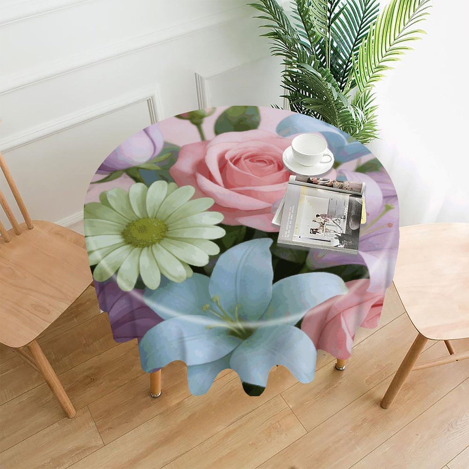 LZQPOEAS Pastel Bloom Tablecloth Easy to Clean Polyester Round Table Cover Washable Round Table Cloth Wrinkle-Free Circle Decoration Tablecloth for Kitchen and Dining Room 60"