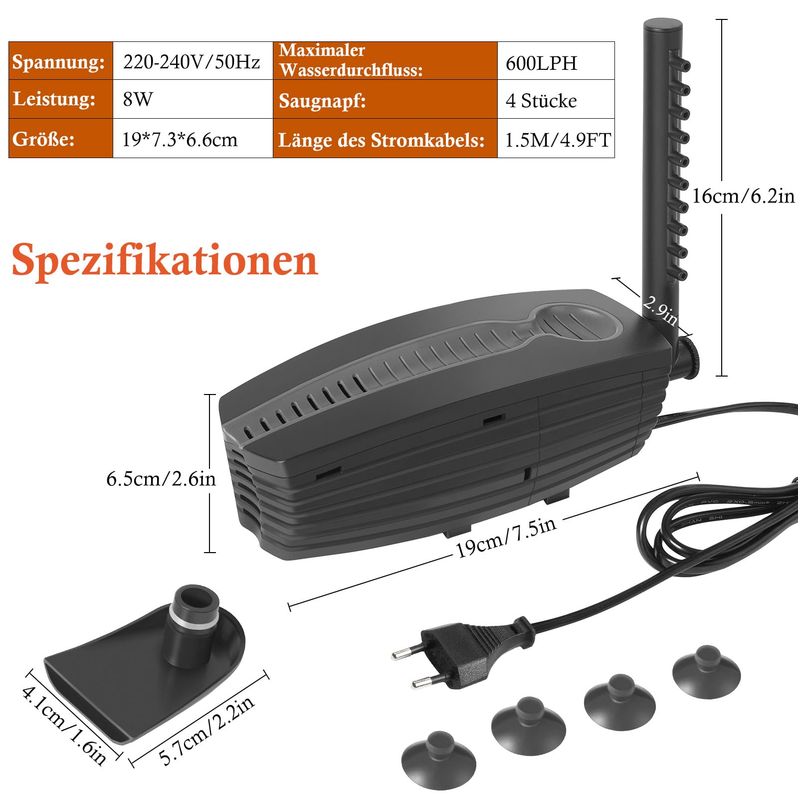 FEDOUR Filtr akwariowy 600 LPH z U-V, regulowany filtr wewnętrzny do akwarium, 8 W, podwodny cichy filtr zbiornika na ryby do zbiorników 30-180 l, z biochemiczną bawełną, bawełną z węglem aktywnym
