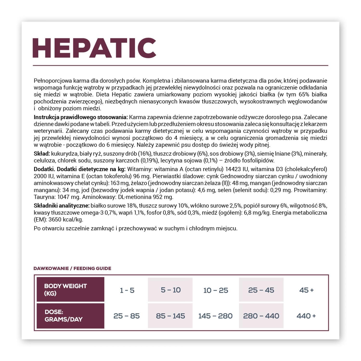 VET EXPERT HEPATIC DOG 12 kg - sucha karma weterynaryjna dla psów z przewlekłą niewydolnością wątroby