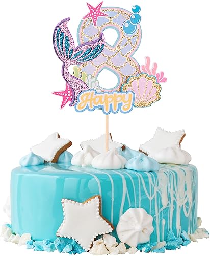 Miniatura 1 de Gyufise 1 pieza de decoración de pastel de sirena de ocho cumpleaños para niños y niñas, baby shower bajo el mar, temática de sirena, suministros de