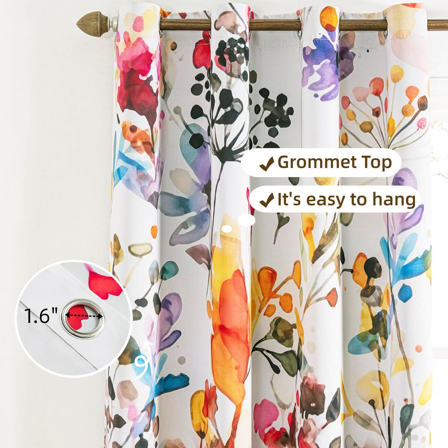 Boho Floral 100% Blackout Curtains  2 Panels Set Grommet Watercolour Flower Bohemian Pattern Black Out Thermal Insulated Drapes Window Treatment for Bedroom Living Room