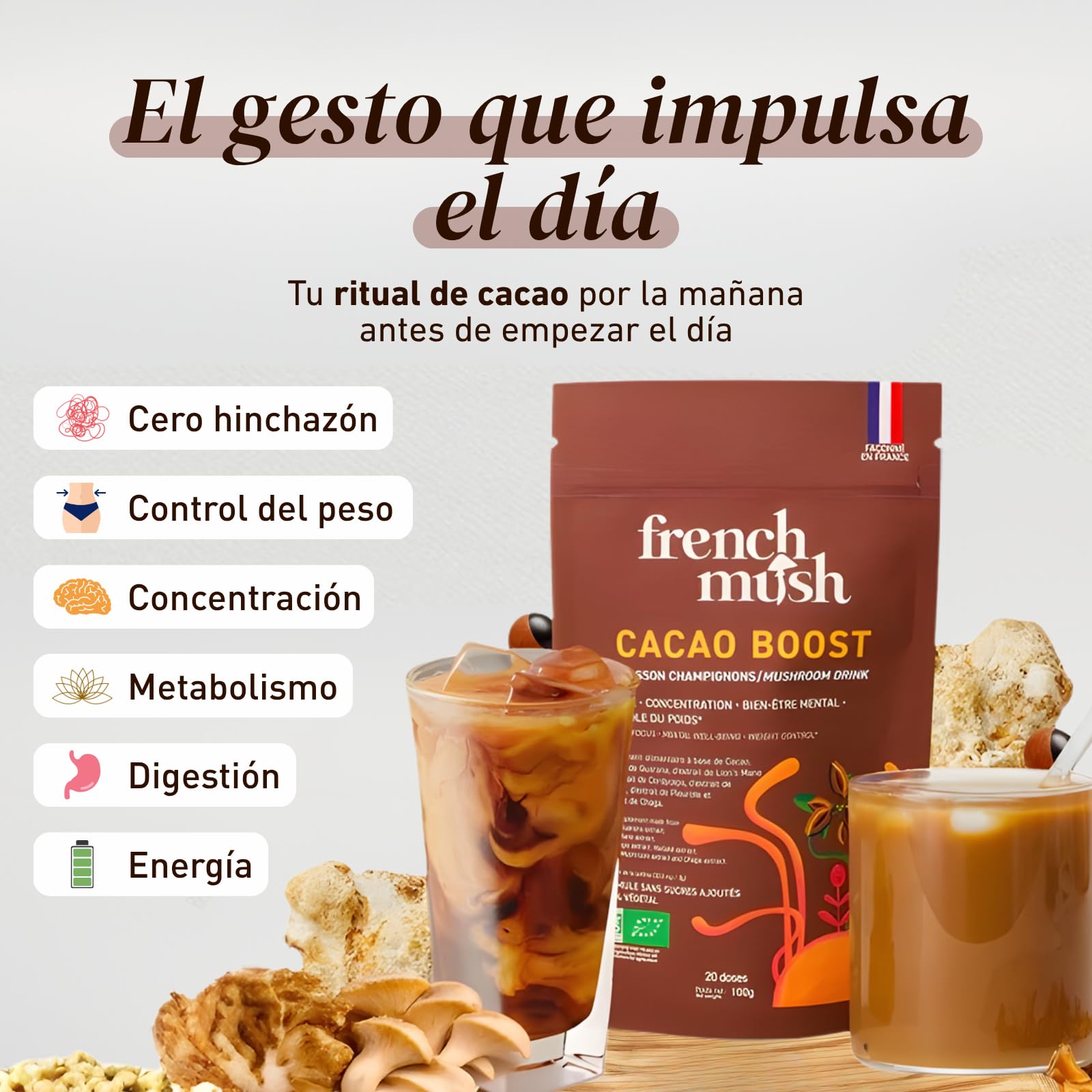 French Mush BOOST Cacao con Hongos Adaptógenos Ecológicos: Lion’s Mane, Cordyceps y Guaraná - Energía, Concentración y Digestión - Alternativa Vegetal al Café Soluble - Fabricado en Francia - 20 Dosis