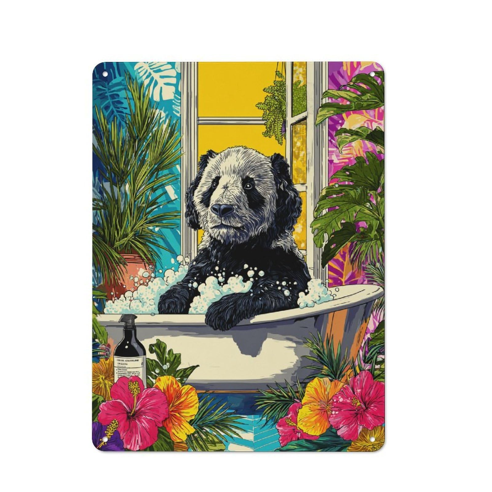 Junmoney Panda Bathing In Tropical Paradise Metal Sign 40X30cm, Vintage Bar Wall Plaque For Diner, Restaurant, Shed Or Kitchen