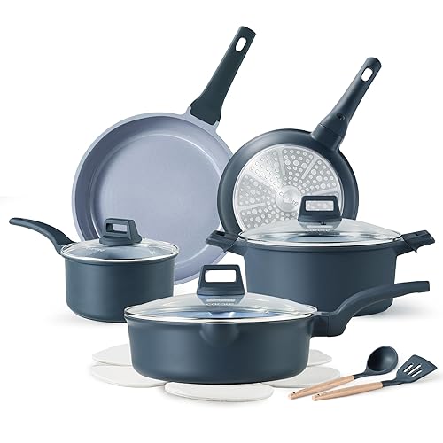 CAROTE 14 Pcs Ceramic Cookware Set, Pots and Pans Set Non Stick with Ceramic Coating, Induction Kitchen Sets - Blue - 14 Piece