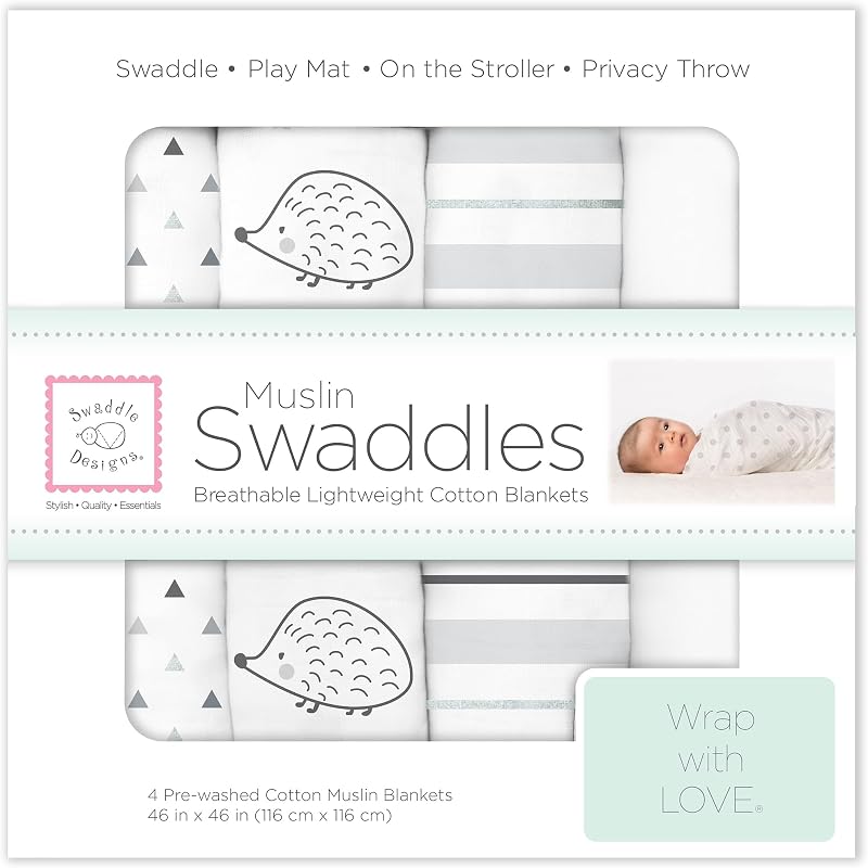 SwaddleDesigns Cotton Muslin Swaddle Blankets, Set of 4, Receiving Blankets for Baby Boys & Girls, Best Shower Gift, 46x46 inches, Black Hedgehogs