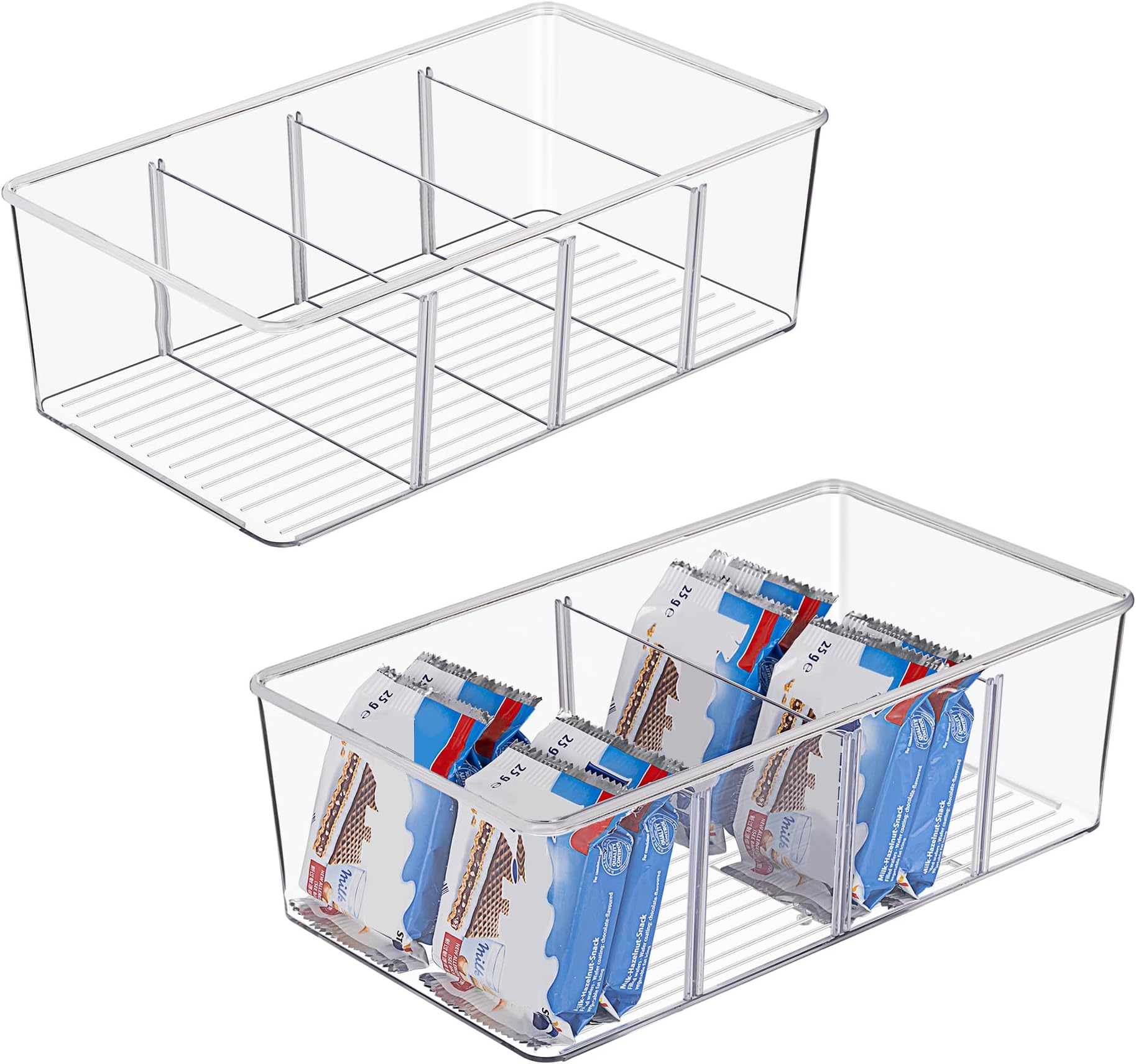 2 Pack Food Storage Organizer Bins, Clear Plastic Bins for Pantry, Kitchen, Fridge, Cabinet Organization and Storage, 4 Compartment Holder Packets, Snacks, Pouches, Spice Packets