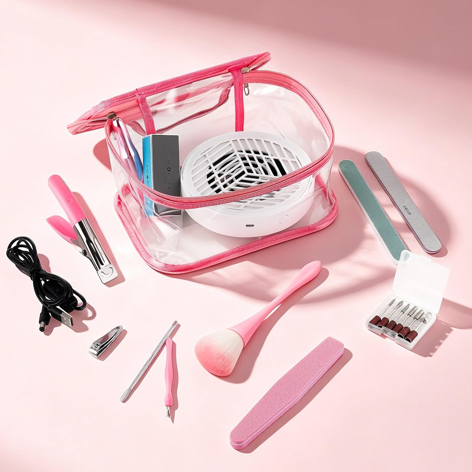 Small Nail Dust Collector with Nail Care Kit, Pedicure Manicure Tools for Women | Kits: Brush, Nail Files, Cuticle Pusher, Cuticle Nipper, Buffer Block, Clipper, Drill with Bits, Callus Cutter, Storage Bag