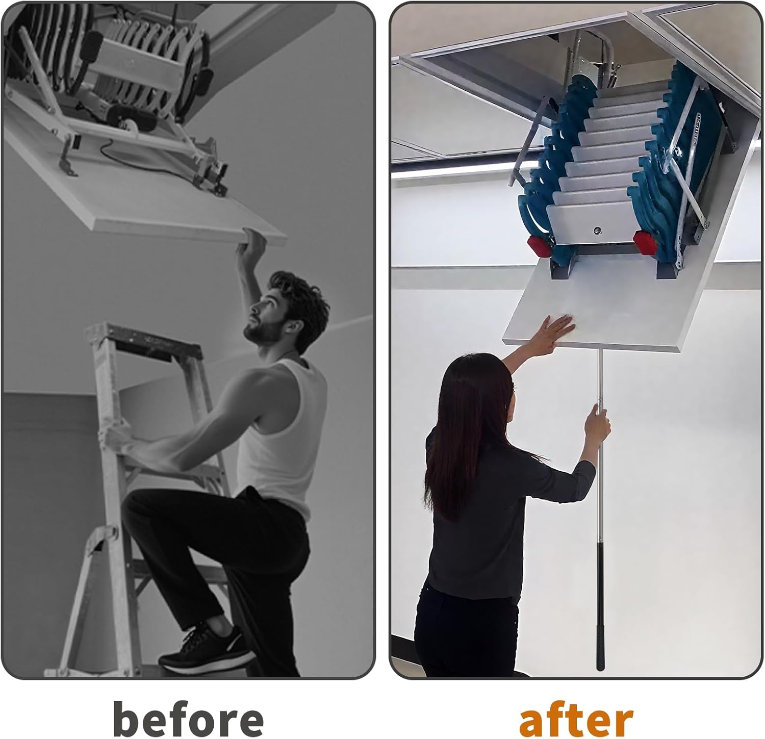 Attic Pull-Down Hook Kit with Adjustable Telescopic Rod and Ladder Door Handle, Replaces Attic Pull-Down Cord and Attic Ladder Pull Cord for Easy Replacement