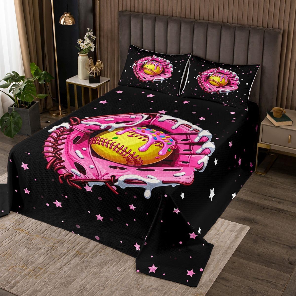 jejeloiu Rugby Bedspread Quilts Ice Cream Drip Coverlet Set King Size for Kids Boys Girls Gaming Sports Quilted Coverlet for All Season with 2 Pillowcases Ball Game Microfiber Black Pink