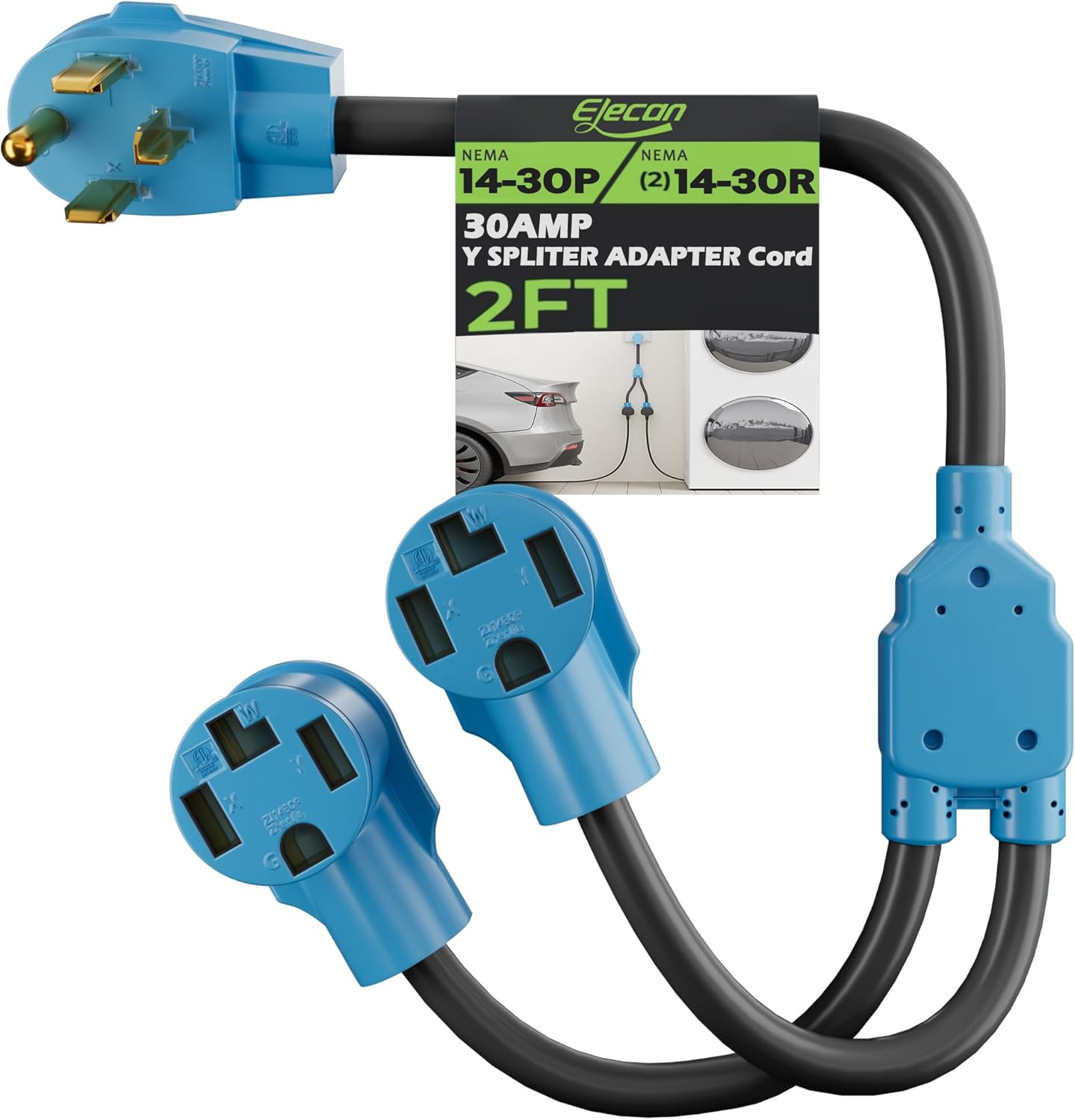 Elecan 30 Amp Dryer/EV Y Splitter Adapter Cord, 4 Prong NEMA 14-30P to 2X 14-30R for Power Extension Outlet Plug & Level 2 EV Charging Tesla, Heavy-Duty, STW, Waterproof, 10 AWG 125/250V-ETL-Blue-2FT