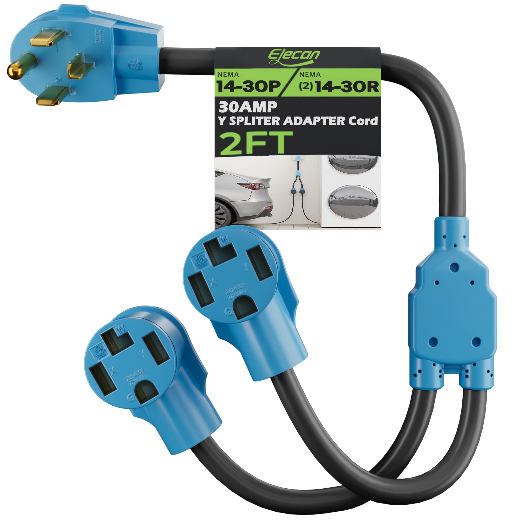 Elecan 30 Amp Dryer/EV Y Splitter Adapter Cord, 4 Prong NEMA 14-30P to 2X 14-30R for Power Extension Outlet Plug & Level 2 EV Charging Tesla, Heavy-Duty, STW, Waterproof, 10 AWG 125/250V-ETL-Blue-2FT