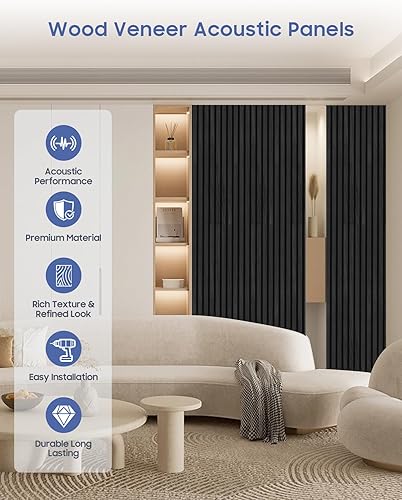 Miniatura 4 de Paneles de pared acústicos, 2 paneles de pared con listones de madera 3D insonorizados, reducción de ruido para salas de estar, techos y decoración