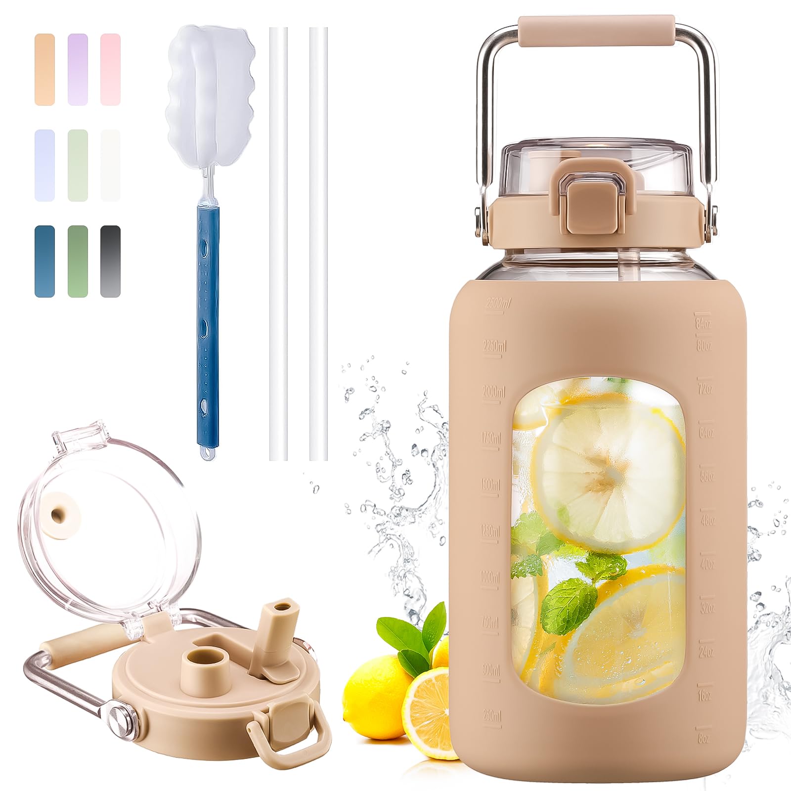 BLUEGO 2.5L Water Bottle Glass with Stainless Steel Handle 2500ml Large Water Bottle with Time Markers and Silicone Sleeve Half Gallon Water Jug BPA Free for Gym Daily Use, Amber โ image 1