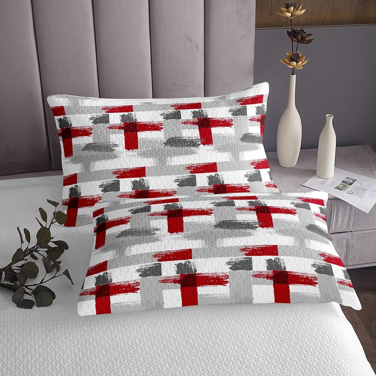 Red Grey White Stripes Bedspread Gradient Geometric Coverlet Modern Striped Art Quilt Set for Boys Girls Kids Teens Bedroom Decor Stripe Line Quilted Bedroom Collection Twin Size With 1 Pillow Case