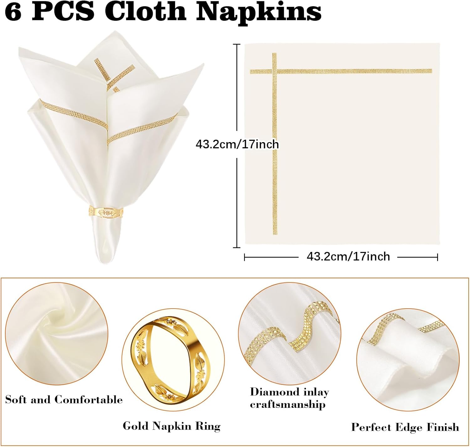 VIJIV Satin Cloth Napkins & Gold Napkin Rings Set of 6, 12Pcs 17"x17"Washable Fabric Napkins with Rhinestone Trim, Decorative Table Linens for Wedding Reception, Birthday Party, Dinner Table Décor