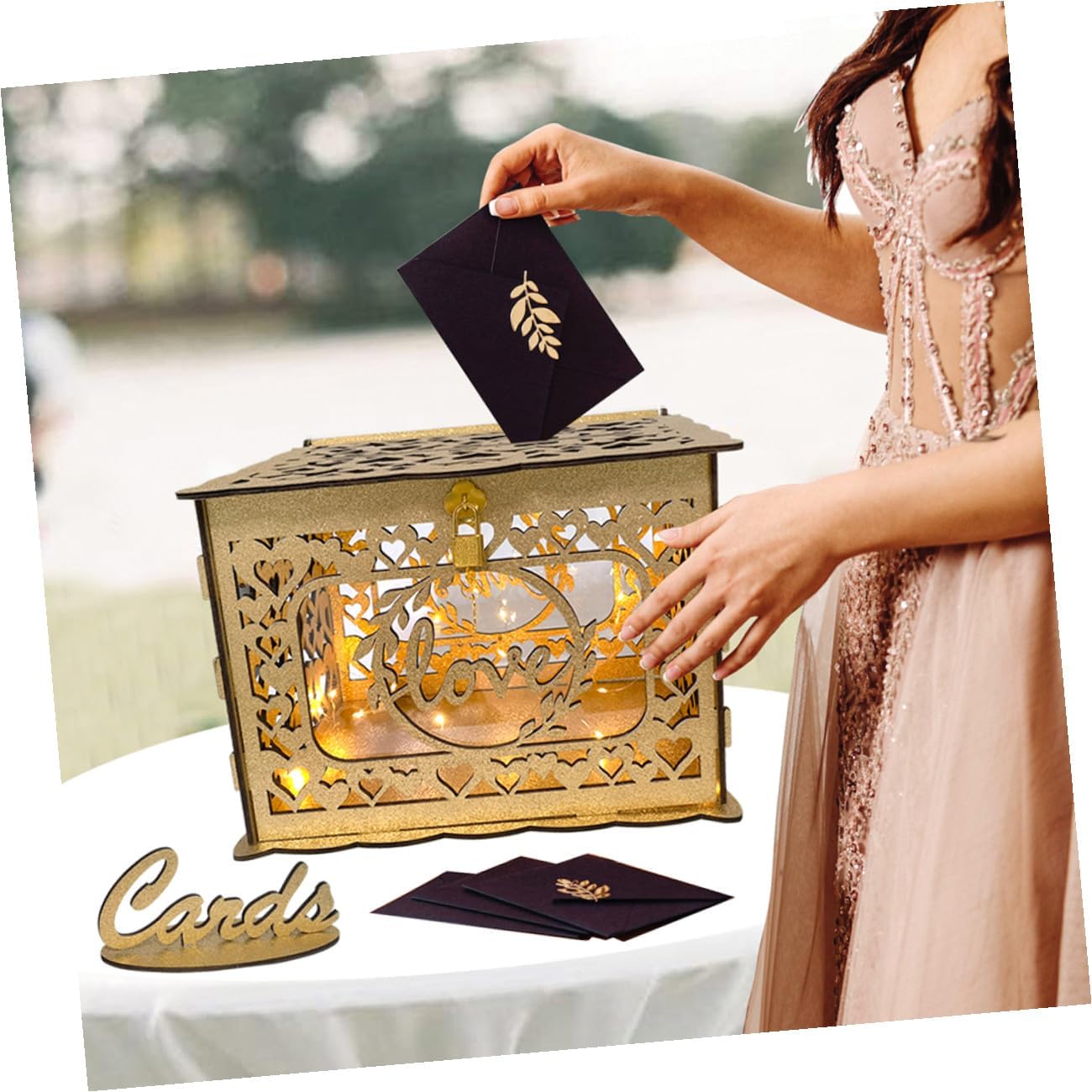 Wooden Hollow Glitter Card Box Anniversary Card Container Wedding Reception Envelope Money Storage Box for Birthday Party and Valentine’s Day Decorations