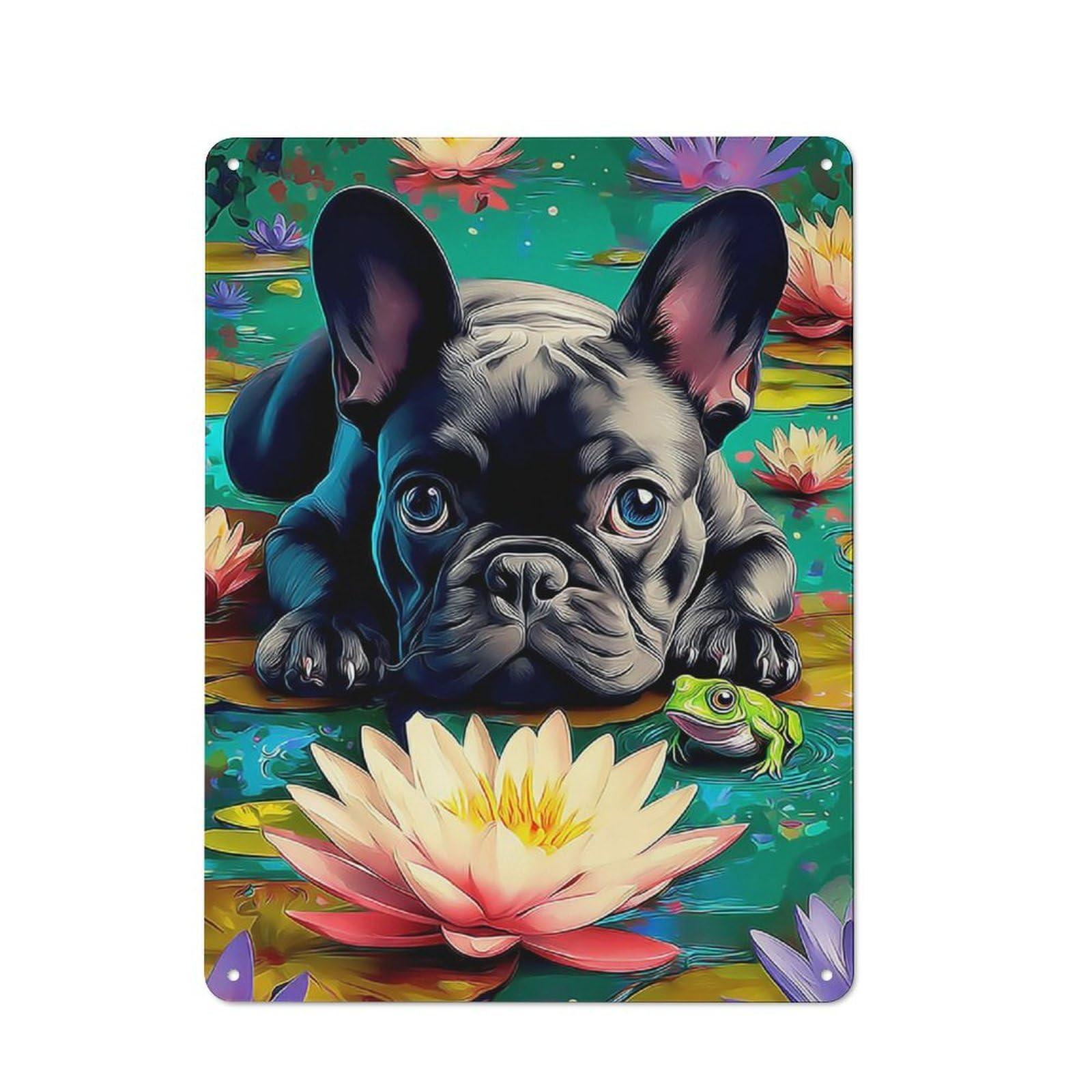Vintage Retro Metal Sign 40x30cm Featuring French Bulldog And Frog in Lotus Pond, Garage Wall Decor for Garage, Workshop, Shed Or Utility Room