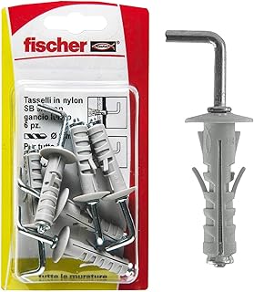 FISCHER 2989012 6 Tasselli SB 9 con Gancio Lungo, Universali per Il Fissaggio di Lampade, Specchi, Mobili su Muro e Cemento, 504446, Grigio