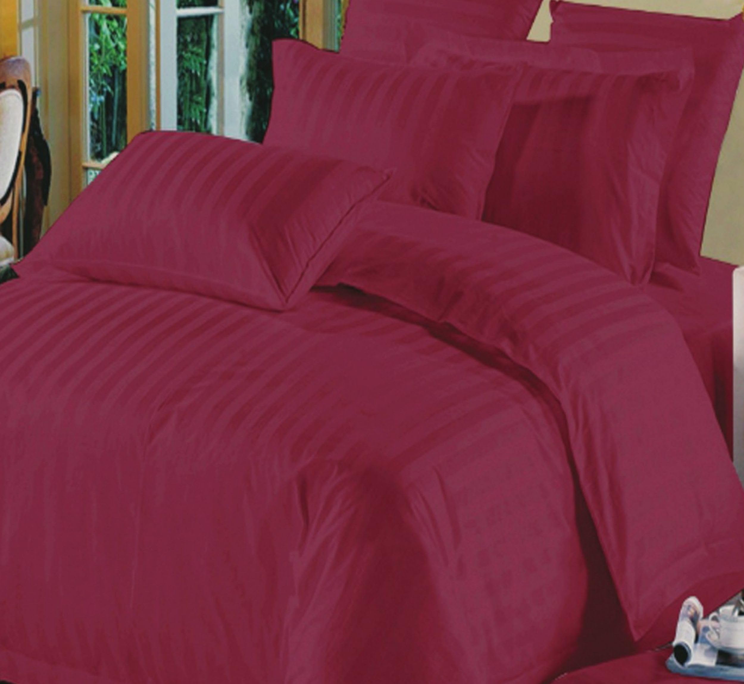 RUKH L.L.C3 Pieces Flat Bedsheet Set with 1 CM Stripe Pattern – King Size Bed Pillow Cover Set with 1 Bedsheet, 2 Pillow Cover – Bedding Set (Elegant Red, King (U.K. Standard))