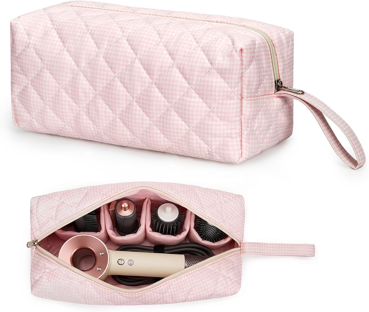 Travel Hair Tool Bag Compatible with Dyson Airwrap Carrying Case, Gingham Portable Hair Dryer Bag Organizer (Pink Gingham)
