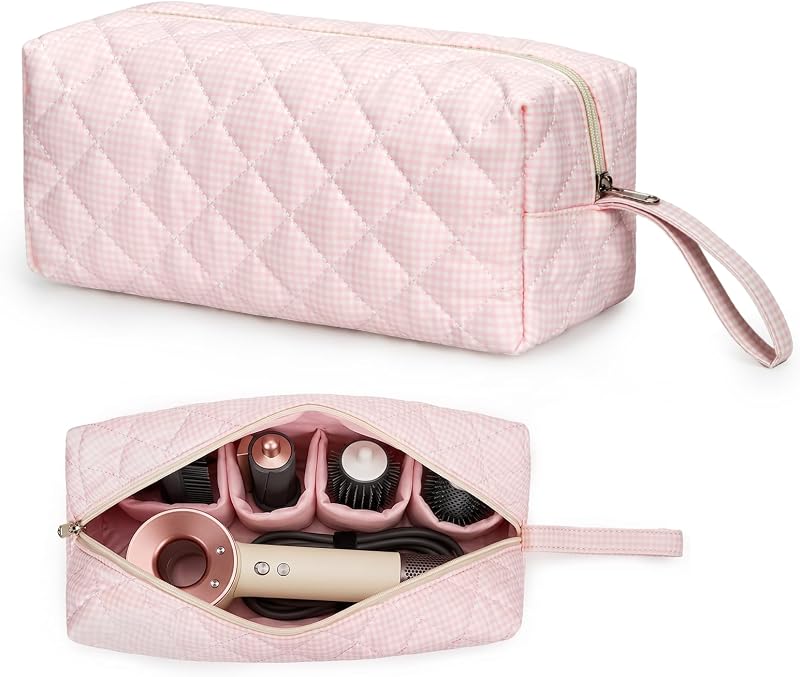 Travel Hair Tool Bag Compatible with Dyson Airwrap Carrying Case, Gingham Portable Hair Dryer Bag Organizer (Pink Gingham)