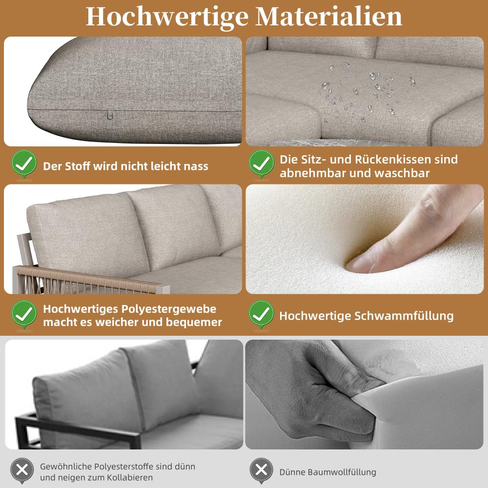 Juego de muebles de jardín para 6-7 personas, sofá esquinero con estructura de hierro galvanizado, patas ajustables, incluye todos los cojines de asiento y respaldo, color beige