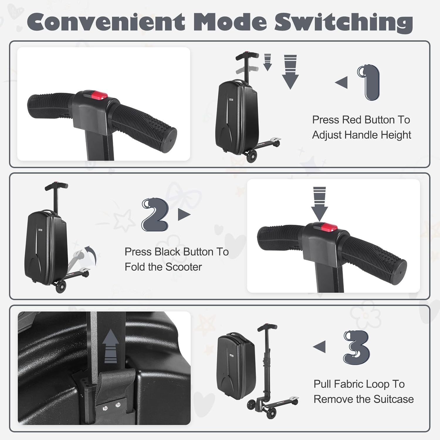 Scooter Luggage for Kids Scooter Suitcase For Ages 4-12, 4 in 1 Kids Suitcase Boarding luggage Detachable & Foldable Scooter Travel Trolley Ride On Luggage -Black