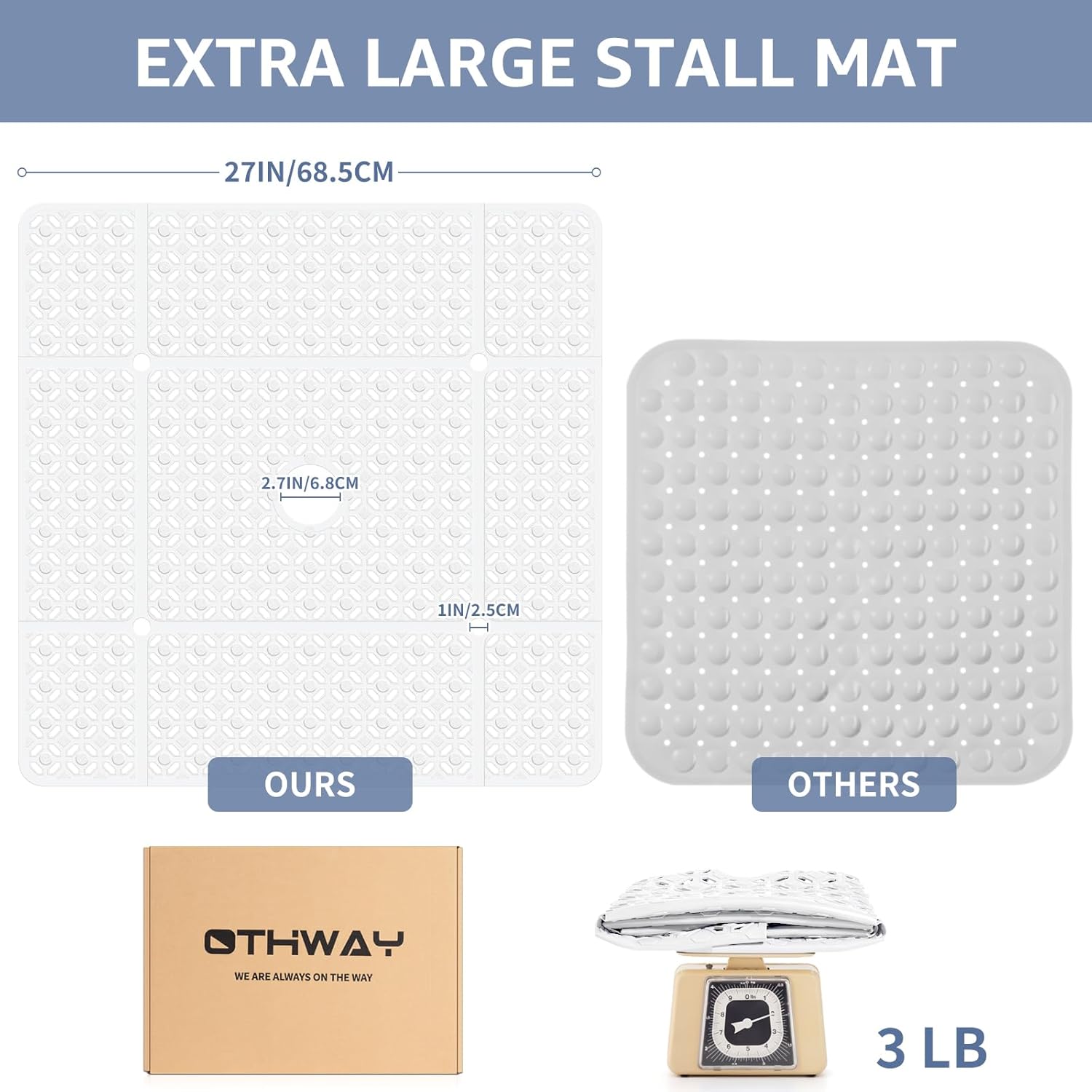 OTHWAY Square Shower Mat, 27"x 27" Extra Large for Inside Shower, TPE Non-Slip Mat With Suction Cups, Drain Holes, Machine Washable Floor Mat (White) - Image 4