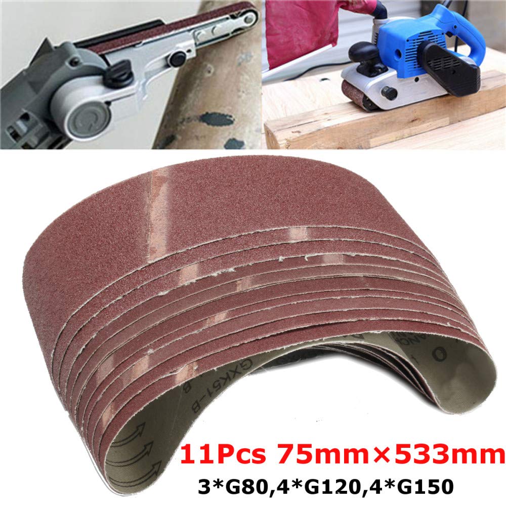 11Pcs Nastri abrasivi 75mm x 533mm 80120150 Set di nastri abrasivi per levigatrici in allumina a grana mista Accessori, come mostrato