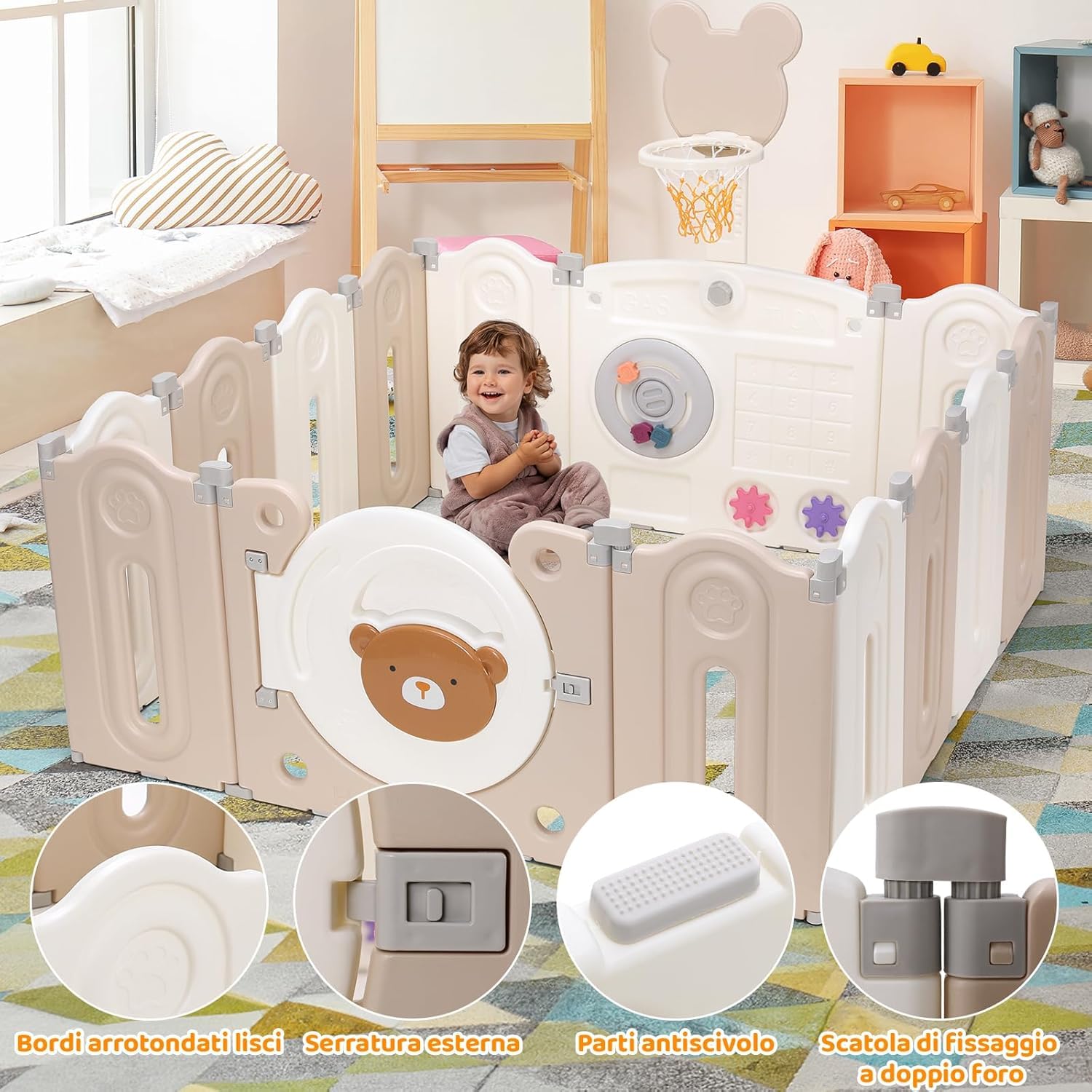 Box Bambini Pieghevole, Recinto per Bambini 143x143x64 cm, Box Neonato Forma Regolabile, con Canestro da Basket, Pallacanestro e Tavola per Giocattoli, Forte Ventosa sul Fondo, Materiale HDPE Atossico