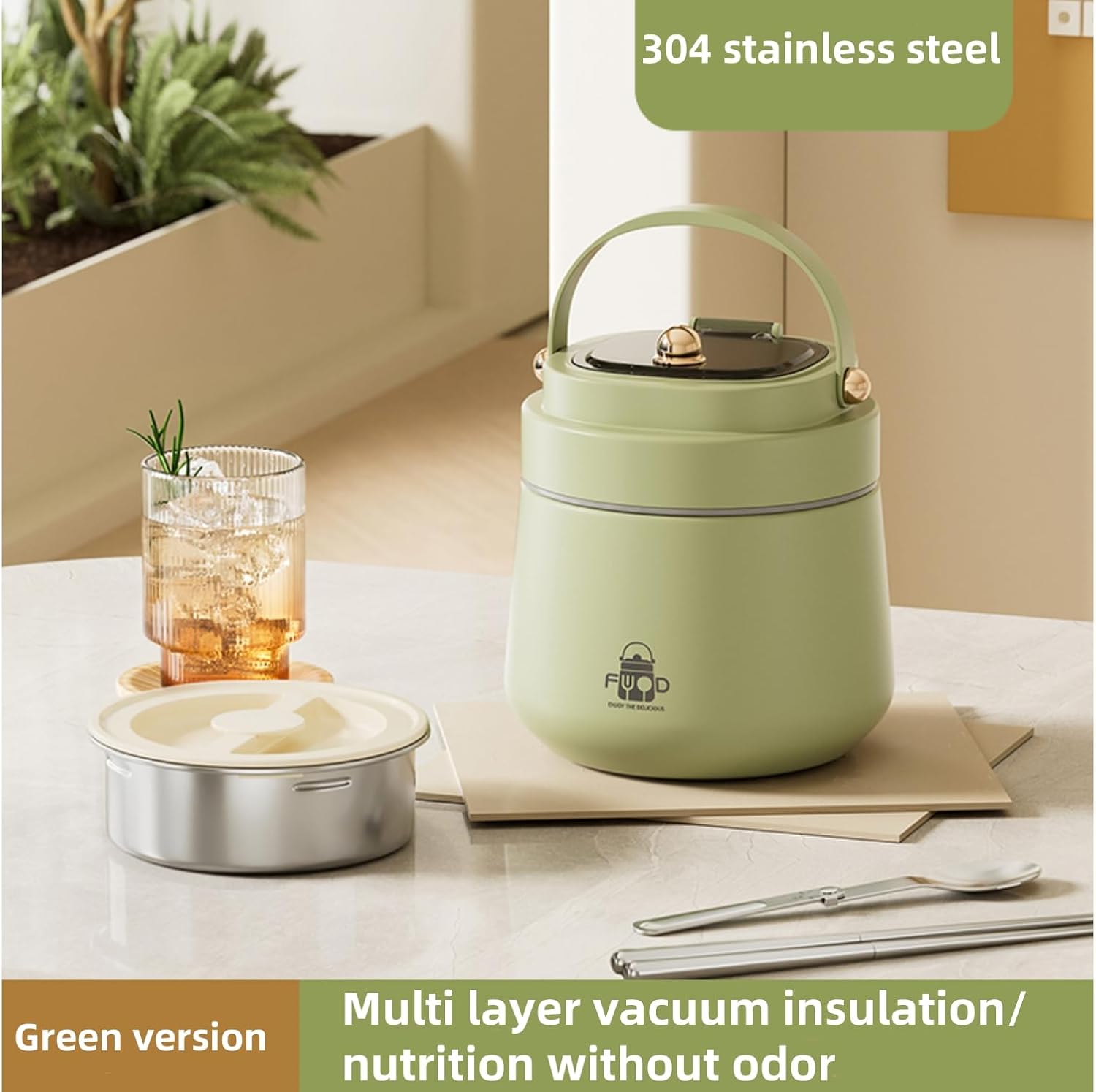 46 oz portable double-layer vacuum insulated fashionable lunch box is made of BPA-free materials and 304 stainless steel. It is a necessary choice for your dining and gift giving.（Green）