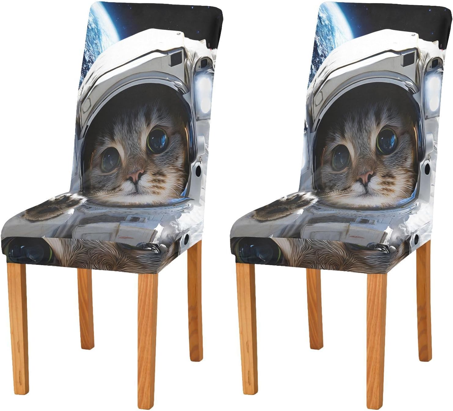 ALAZA Chair Covers for Dining Room, Cat Astronaut Earth Stretch Chair Cover Sets Chair Protector Removable Washable for Ktichen Restaurant Hotel