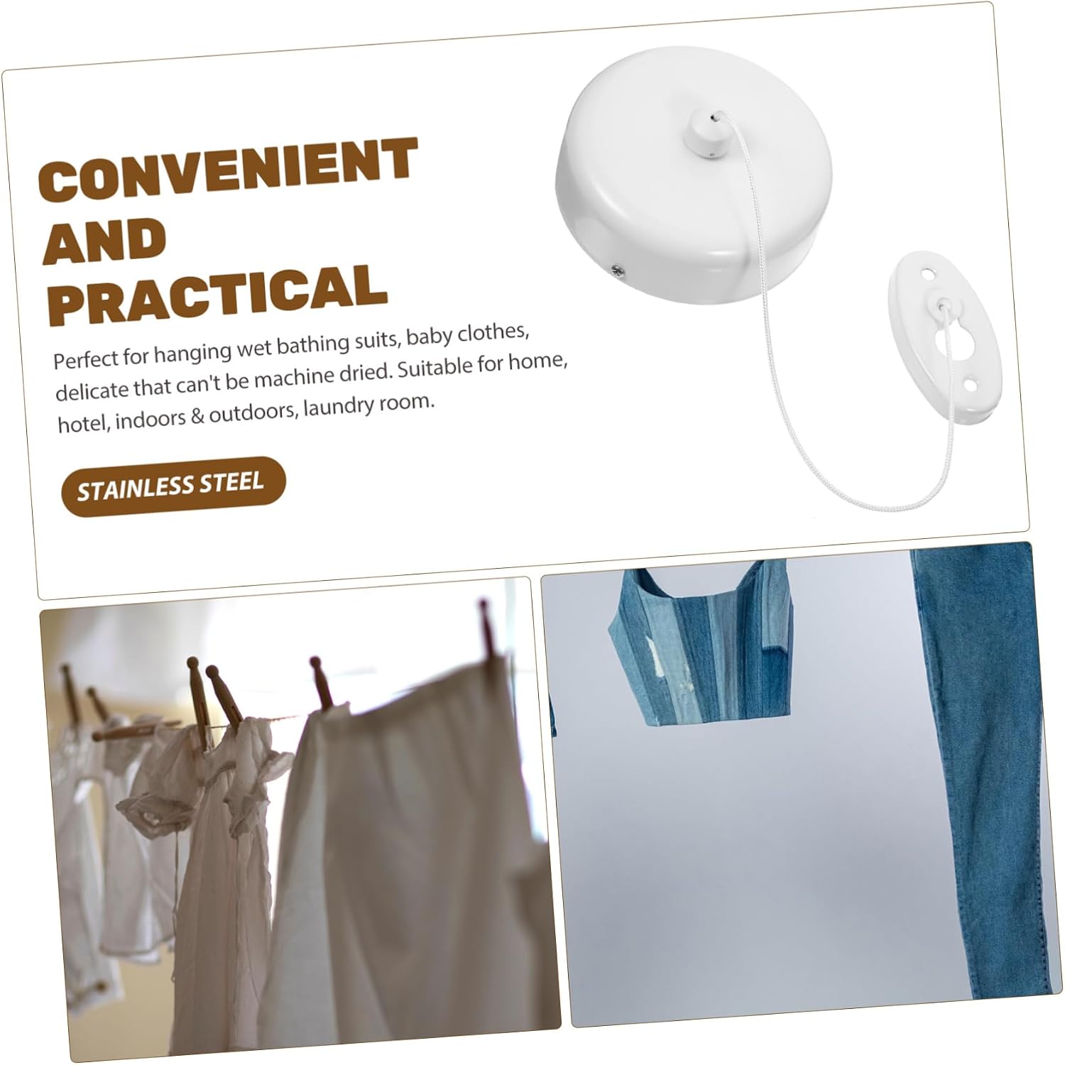 Indoor Outdoor Retractable Clothesline Lightweight Non-Slip Stainless Steel Base for Laundry Drying