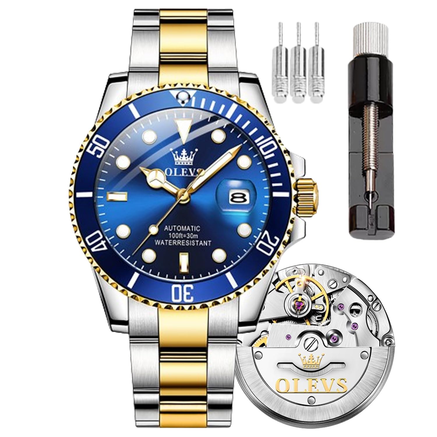 OLEVS Reloj mecánico para Hombre, Esfera Grande, Fecha, Impermeable, de Acero Inoxidable, con Brillo Nocturno, de Lujo, Totalmente automático