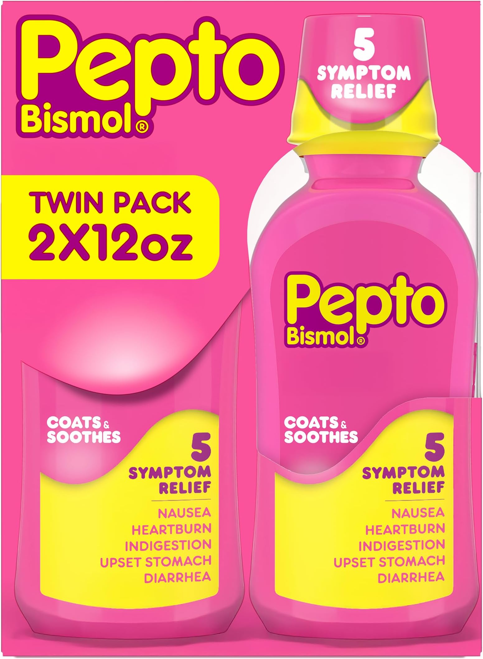 Pepto Bismol Liquid, Upset Stomach Relief, Nausea Relief, Heartburn Relief, Indigestion Relief, Anti Diarrhea Medication for Adults - 5 Symptom Fast Relief, 2x12 oz (Packaging May Vary)