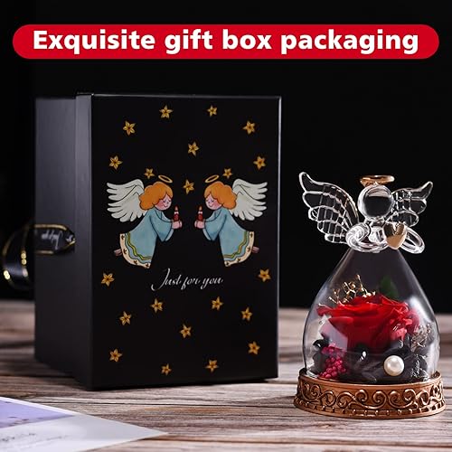 Miniatura 7 de Ángel de vidrio Aastin con rosa real preservada y luz LED, regalos de ángel para mujeres, mamá, abuela en día de la madre, Navidad, cumpleaños (Rojo)