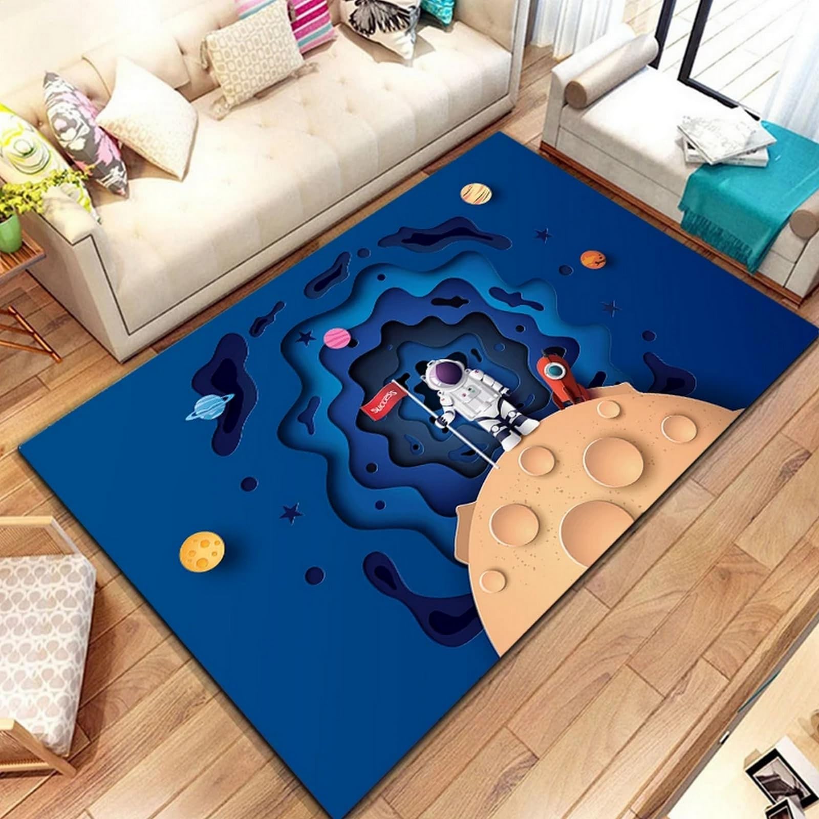 Tapis de chambre enfant astronaute 3D en polyester doux lavable 120x160 cm