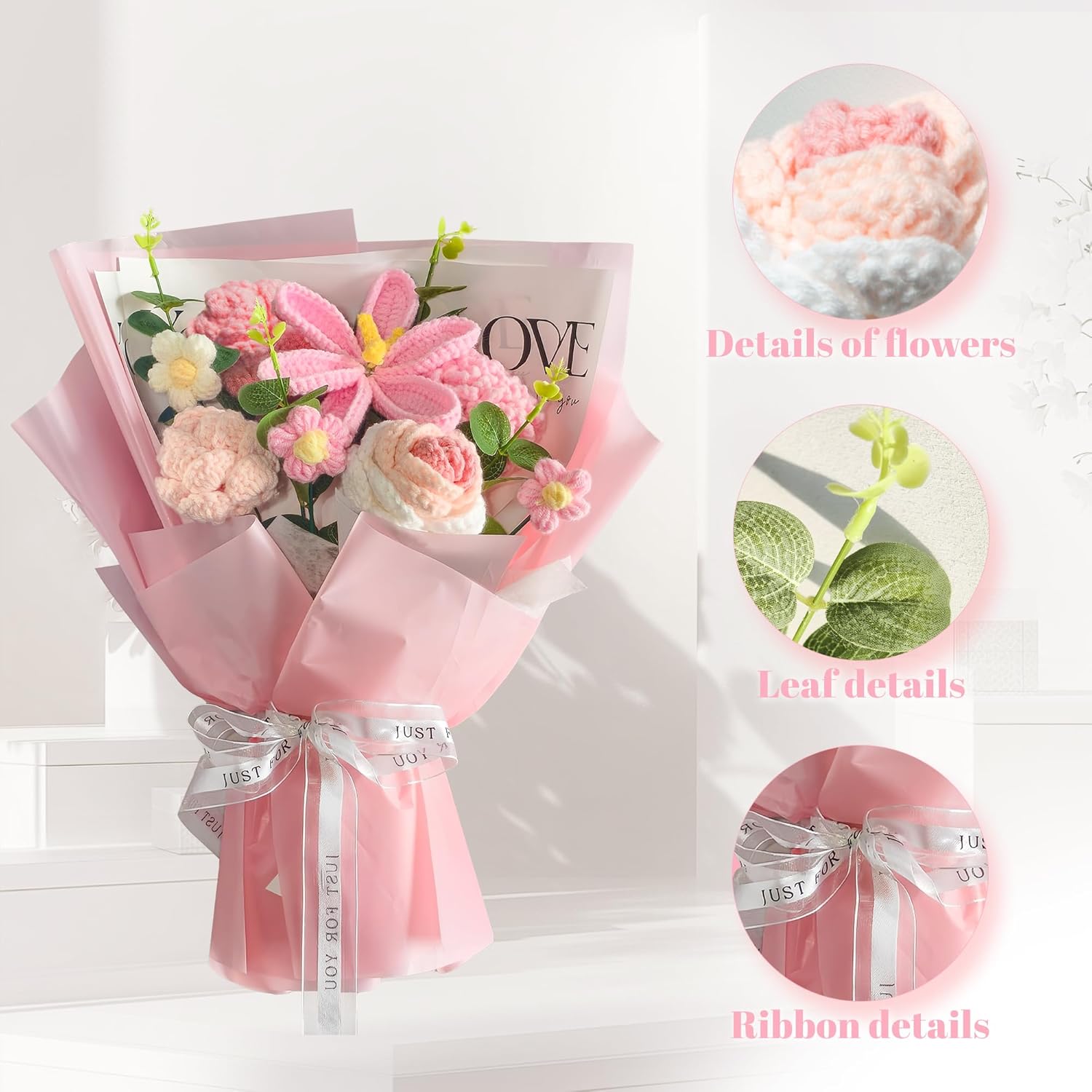 Crochet Flowers Bouquet 8PCS, Handmade Knitted Artificial Crochet Flower Gifts - Tulips Roses Daisies Carnations, Preserved Flowers for Mother's Day Valentine's Day Birthday Home Decor- Pink - Image 3