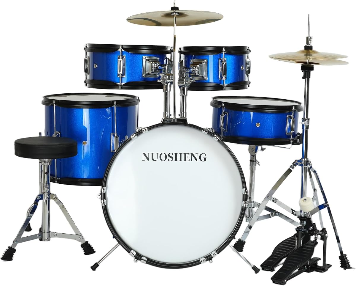 Juego de batería para niños, 5 piezas de 16 pulgadas, kit de batería para principiantes para niños de 2 a 9 años, juego de batería completo para jóvenes con trono ajustable, platillo, charles, pedal y baquetas, musical completo para principiantes