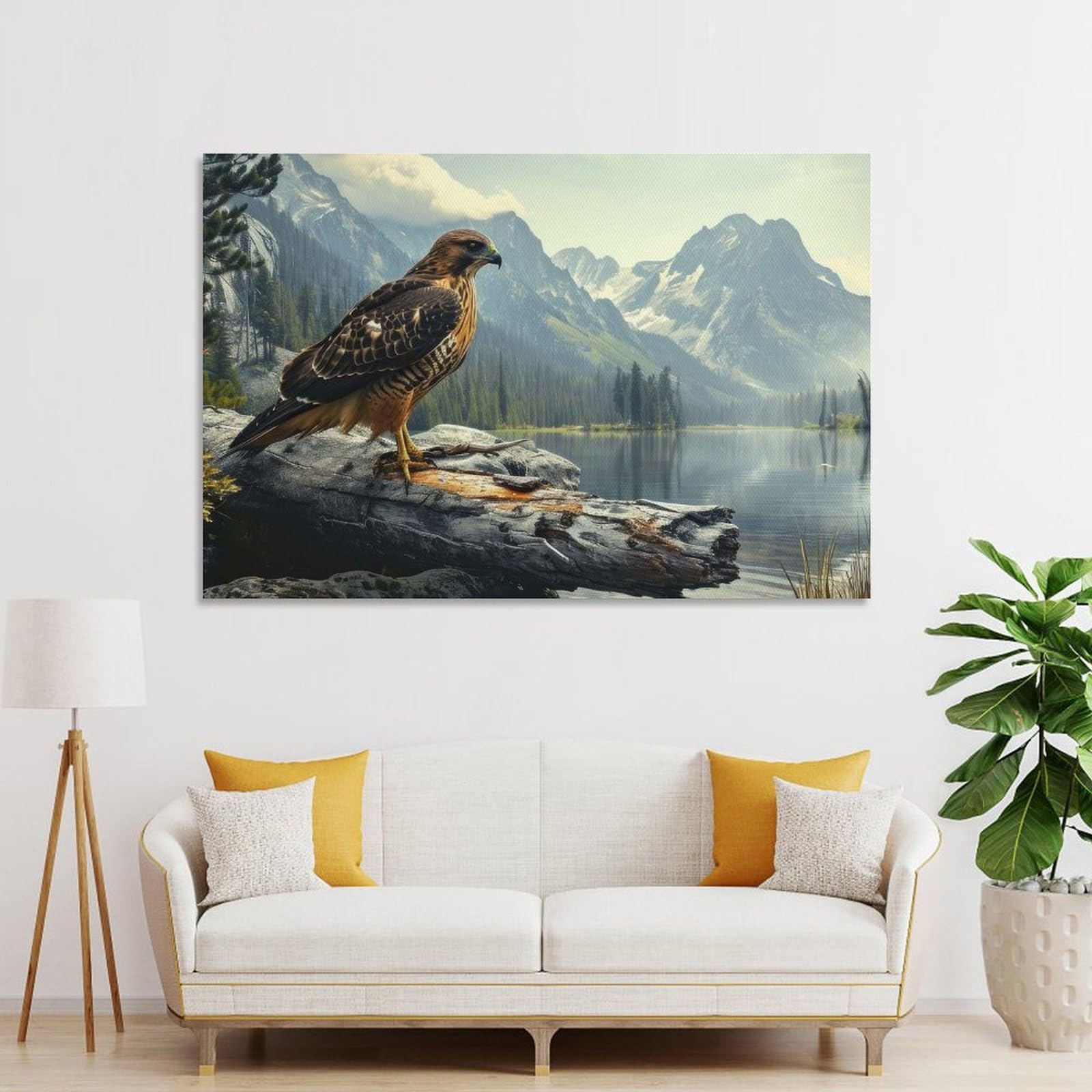Junmoney Hawk On A Log Mountains Canvas Wall Art, 20x30inch(50x75cm), for Wall Displays, Bedrooms Or Room Updates, Ideal for Building A Coordinated Art Wall
