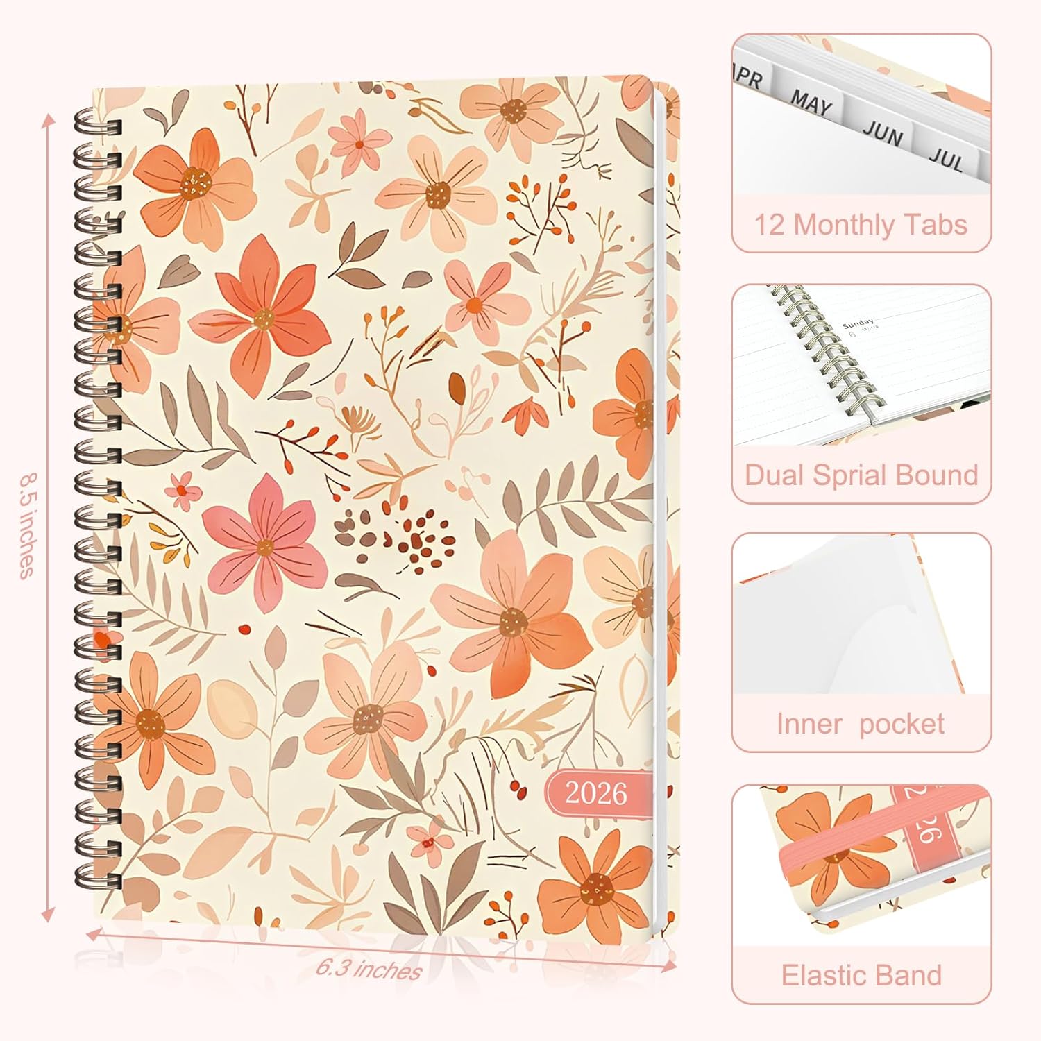 2026 planner, weekly and monthly calendar planner book, jan 2026 - dec 2026, planning agenda for desk accessories and school supplies - a5 (6.3'' x 8.5'') orange petal