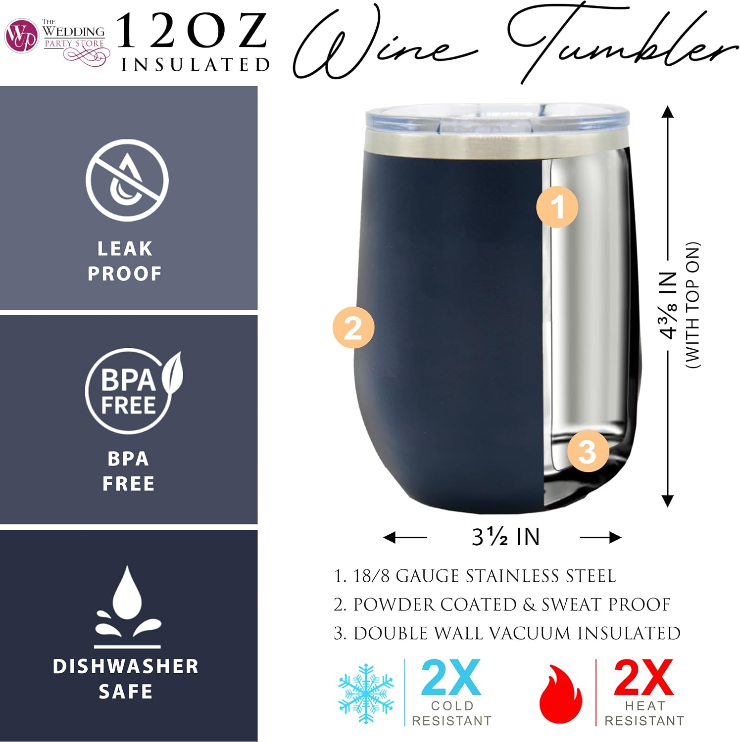 The Wedding Party Store Personalized 12 oz Insulated Stemless Wine Tumbler - Custom Engraved and Monogrammed (Navy Blue)