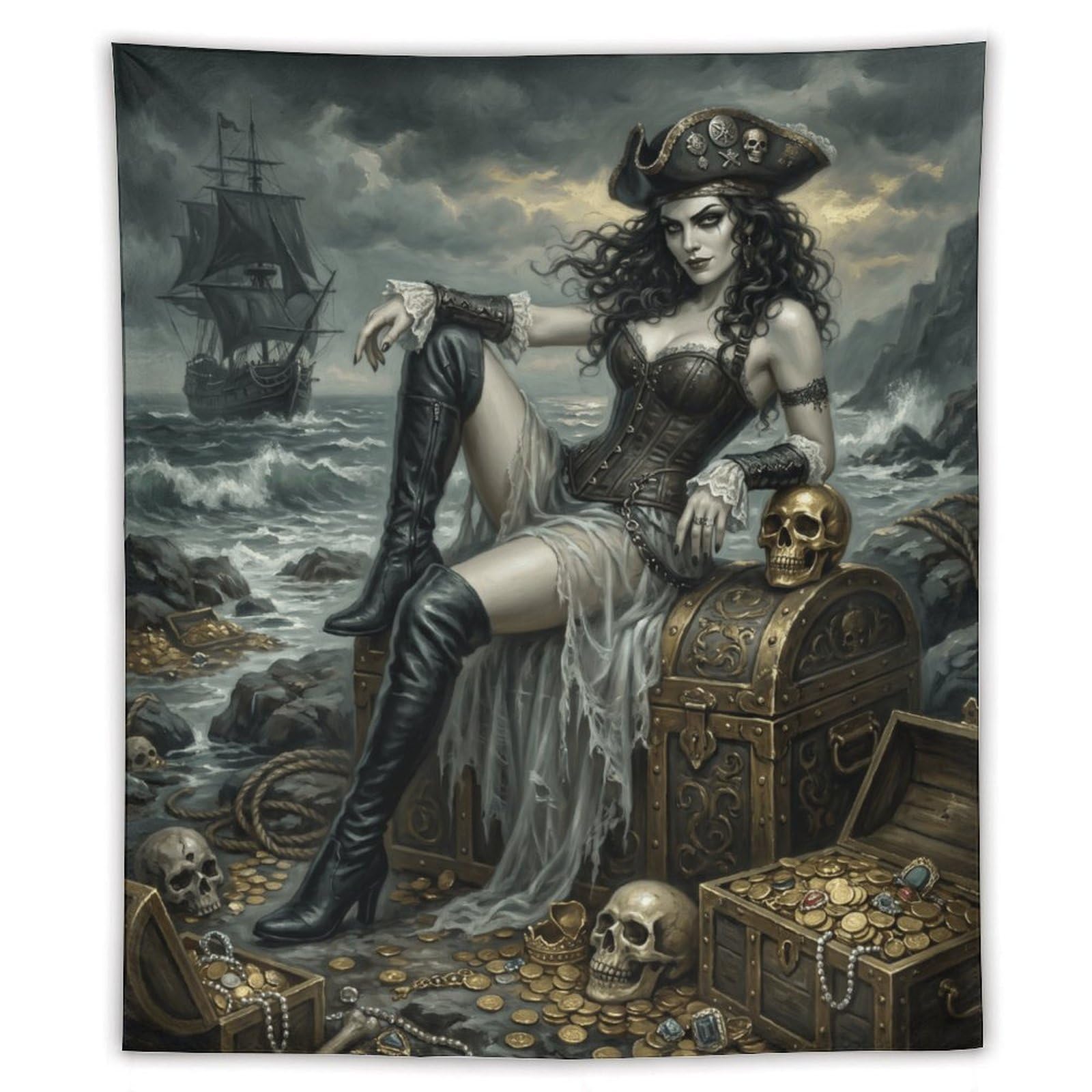 H3B8U2Y5 Pirate Queen Skull Treasure Wall Tapestry, College Dorm