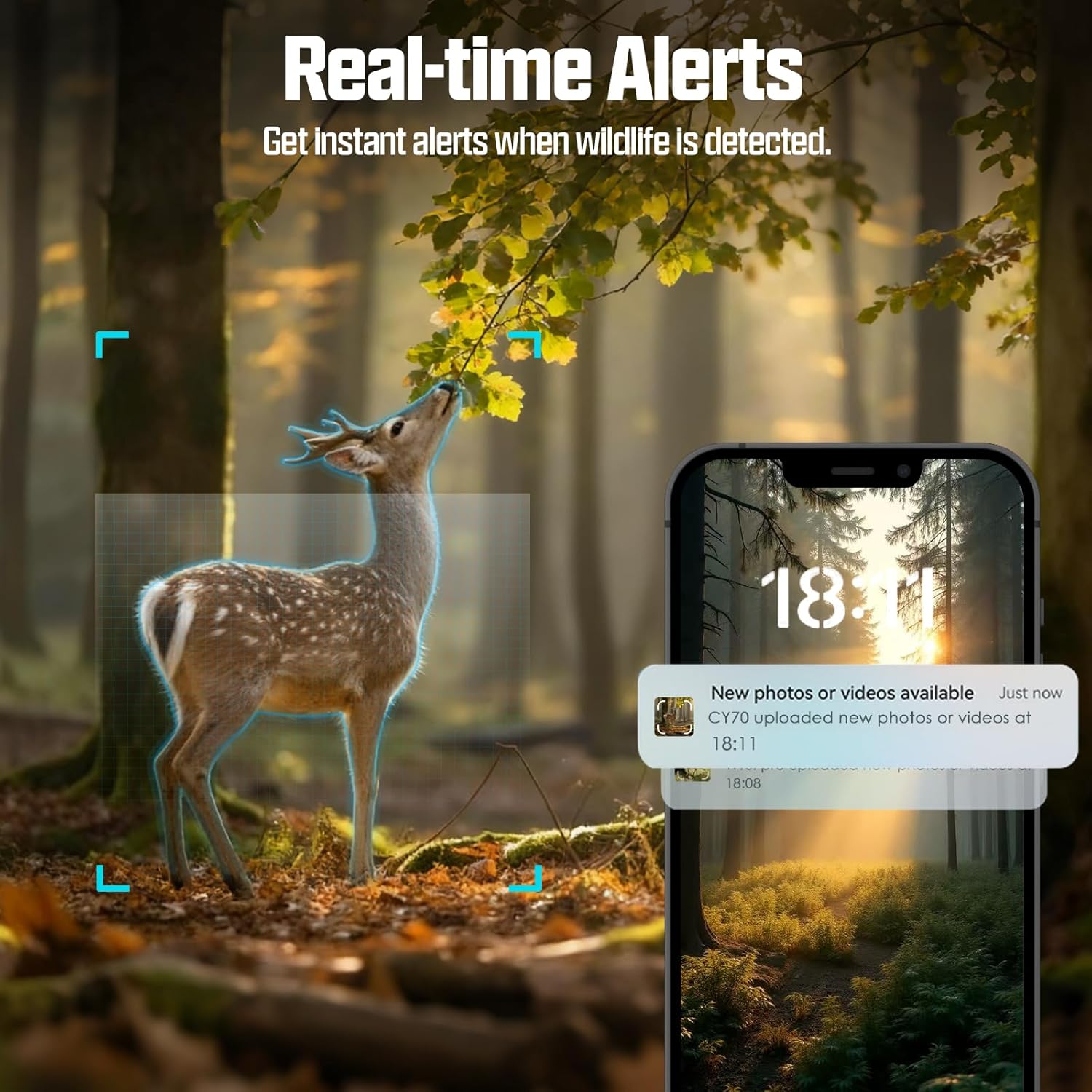 Smartphone displaying a real-time alert notification from the CEYOMUR CY70 Trail Camera, showing a deer in the background.
