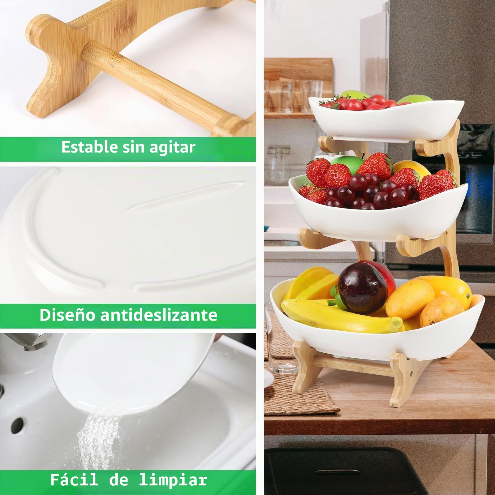 Dreamhigh® Frutero de Cocina Moderno de Cerámica, 3 Pisos Cesta para Frutas y Verduras Estable y Sin Sacudidas, Con Base de Bambú para Sala de Estar