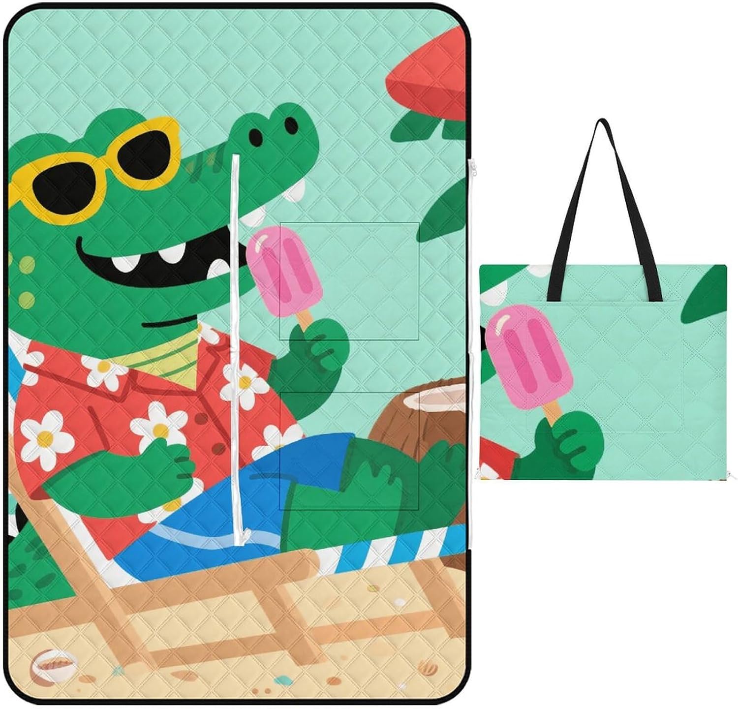 Cute Alligator Picnic Blanket 150x100cm, Foldable 2-in-1 Picnic Mat and Tote Bag Portable Waterproof Beach Mat Sandproof Outdoor Blanket for Park, Hiking, Beach, Camping, Travel