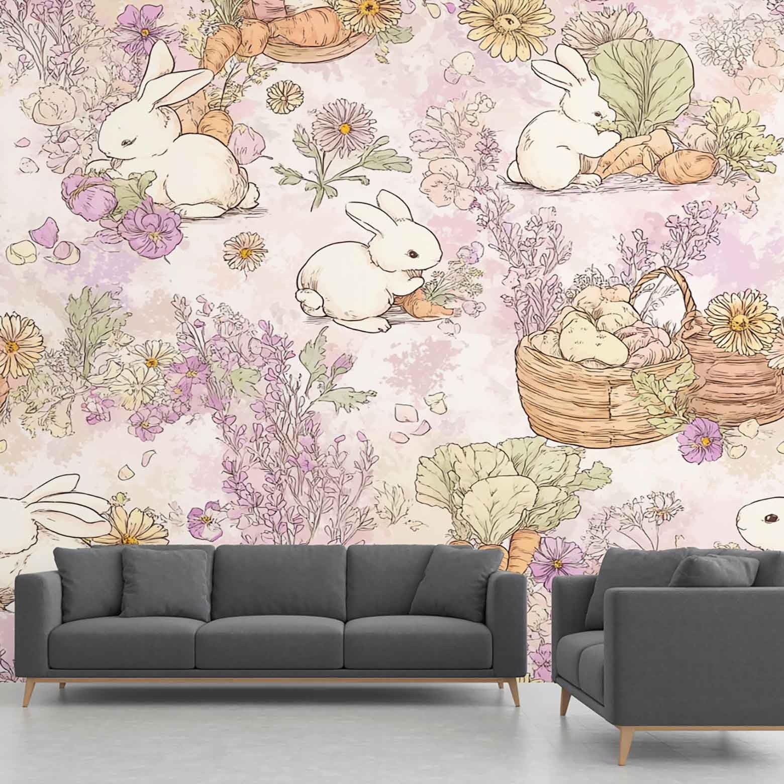 Papier peint panoramique lapin et carotte 250x352 cm fresque murale violette