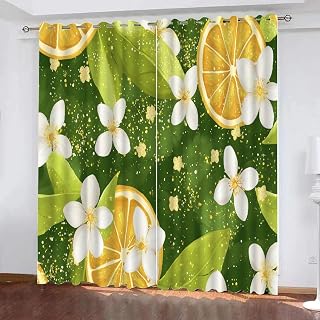 Orange Neroli Blackout Curtains, Green Background Darkening Window Curtain, Light Filtering Window Drapes, Thermal Insulated Eyelet Window Treatments for Living Room 42" W x 63" L