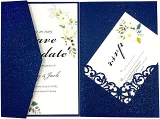 25pcs 5"x 7.28" Navy blue Pearl Paper Vine Tri Fold Wedding Invitations Cards Laser Cut Vertico pocket Hollow Carving Greeting invites Covers only no envelope no insert (navy blue covers only)