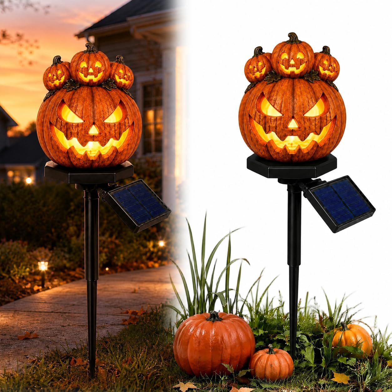 CliffofLove Solar Halloween Black Cat & Pumpkin Moon Garden Stake Light, Hanging Waterproof Outdoor Solar Halloween Garden Decoration with Black Cat, Lights for Patio, Yard, Lawn, Pathway (#L)